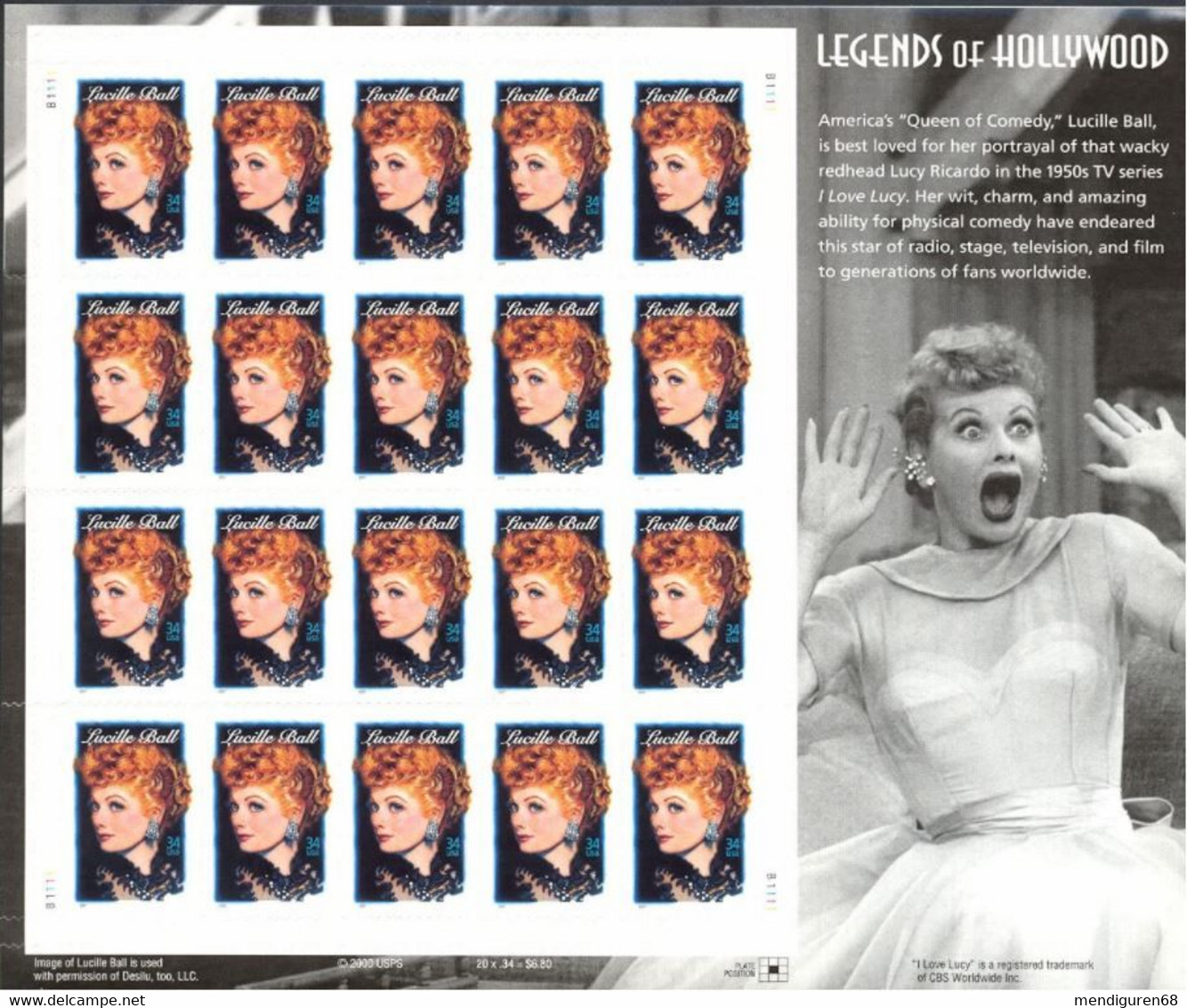 VERINIGTE STAATEN ETAS UNIS USA 2001USA 2001 LUCILLE BALL PANE OF 20V MNH SC 3523sp YT F3221 MI B3477 SG MS3992 - Hojas Completas