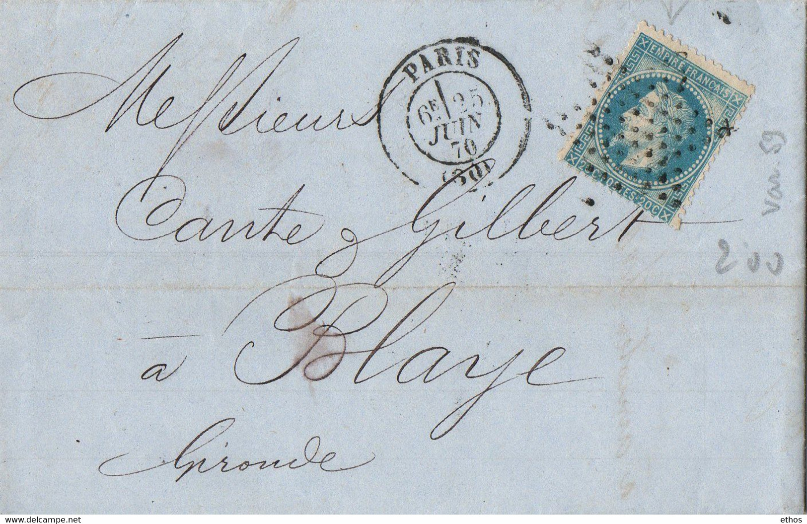 Variété Au Cadre Supérieur...Lettre-Pli..en 1870 De Paris à Blaye..Voir Scan. - Cartas & Documentos