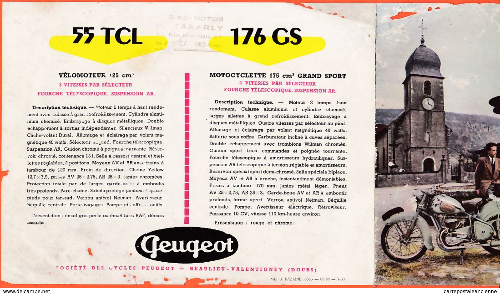 VEN233 ♥️ CASTRES Tarn TABARLY Cycles-Moto Rue GAMBETTA Dépliant Publicitaire 1953-54 Motocyclette PEUGEOT 55 TCL 176 GS - Pubblicitari