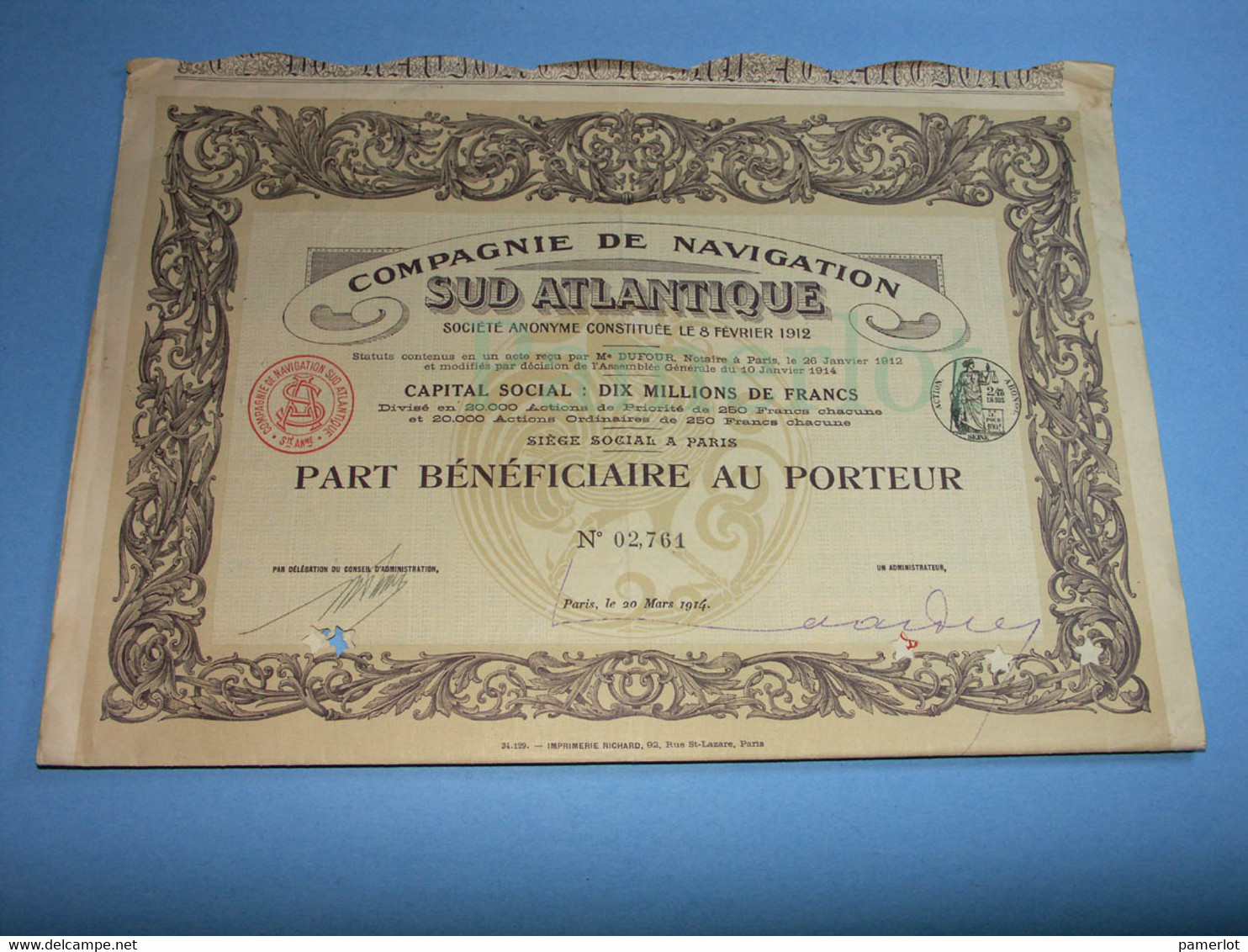 Titre 1914 - Compagnie De Navigation Sud Atlantique - Imprimerie Richard - Navy