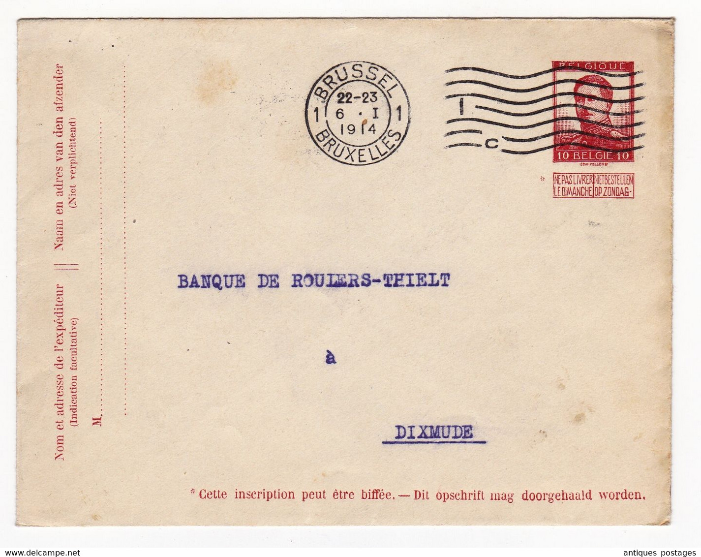 Entier Postal Bruxelles 1914 Belgique Dixmude Léon Houyoux Albert Ier - Enveloppes