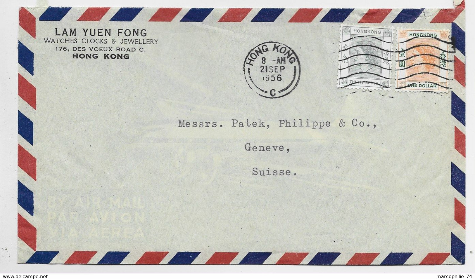 HONG KONG ONE DOLLAR +THIRTY CENTS LETTRE COVER AIR MAIL HONG KONG 21 SEP 1956 TO HELVETIA - Briefe U. Dokumente