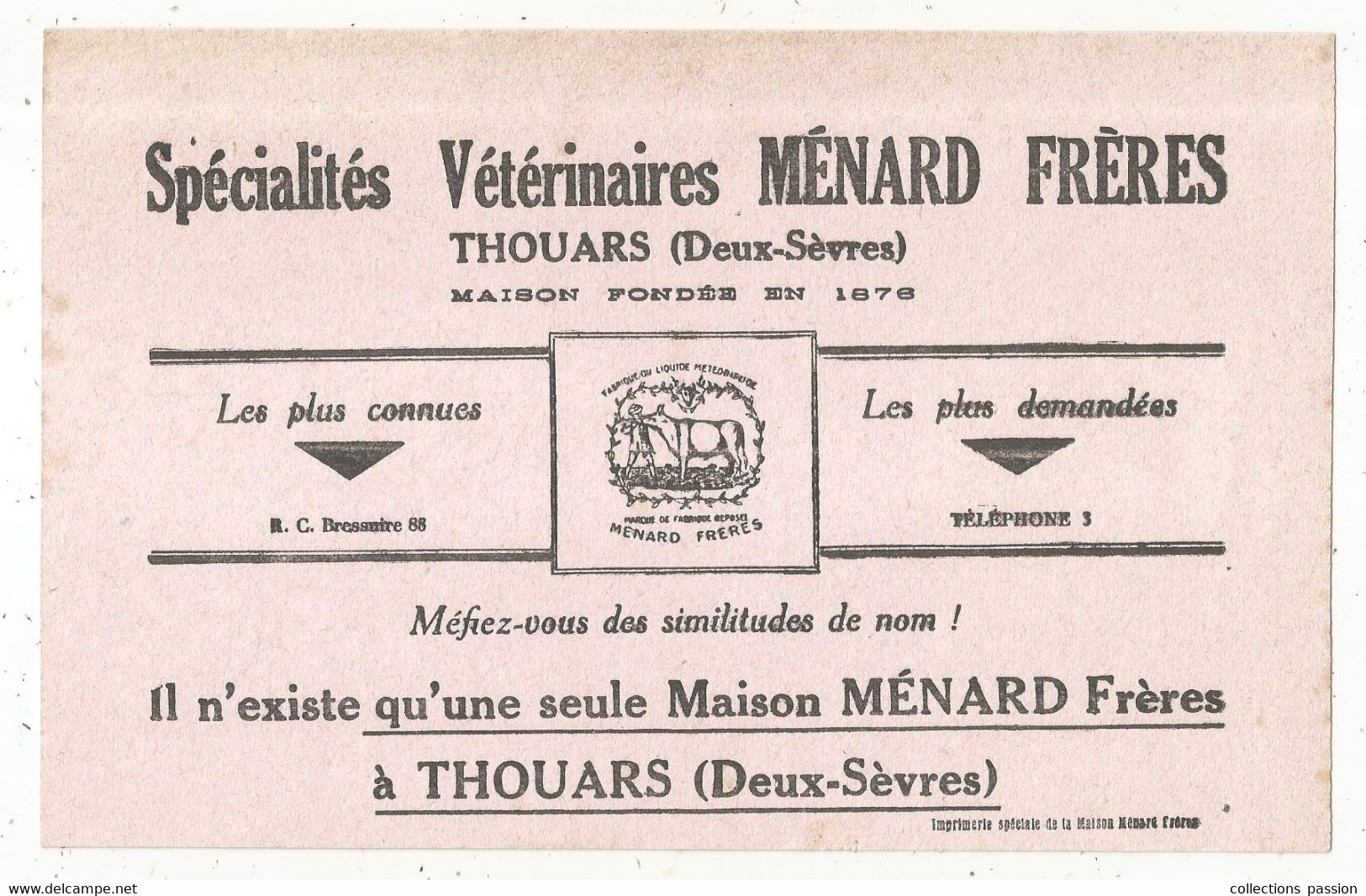 Buvard , 210 X 130 Mm, MENARD FRERES à THOUARS, Deux Sèvres, 2 Scans, Frais Fr 1.95 E - Animales