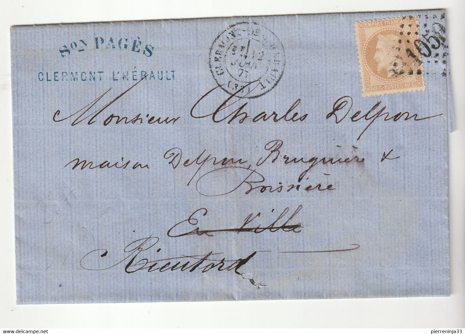 Lettre Avec Classiques De France: Napoléon N° 28, G.C. 1050 Clermont De L'Hérault- Rieutord, 1871 - 1863-1870 Napoleon III Gelauwerd