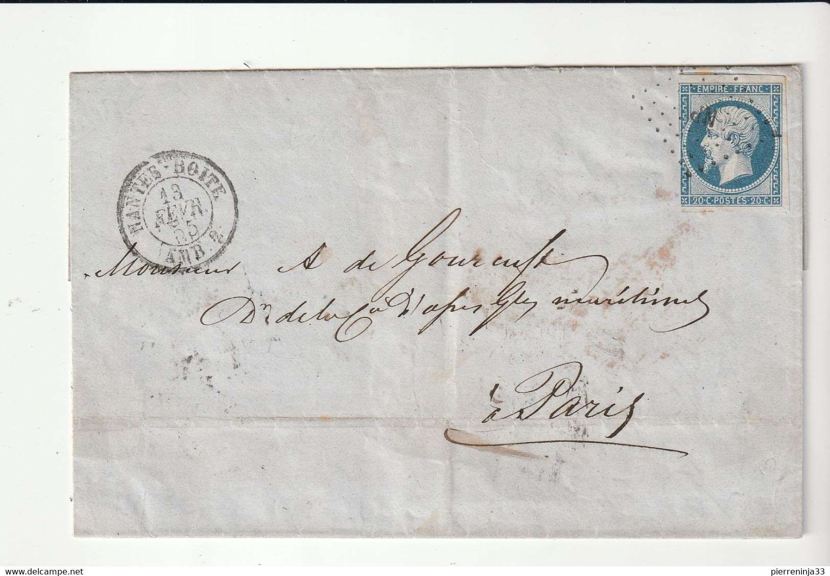 Lettre Avec Classiques De France: Napoléon N° 14 Et Cachet "Nantes- Boîte/ Amb.2, 1855" - 1853-1860 Napoleon III