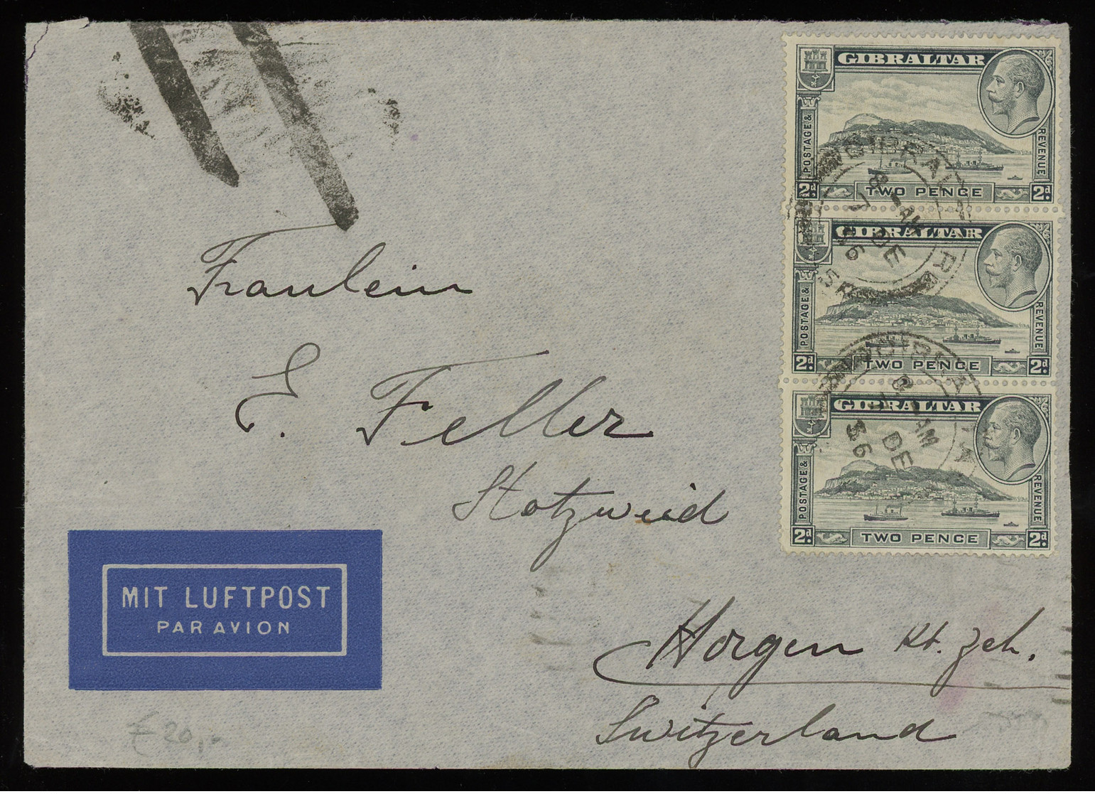 TREASURE HUNT [00305] Gibraltar 1936 Air Mail Cover Sent To Switzerland Franked With KGV 2d Grey Pictorial Strip Of 3 - Gibilterra