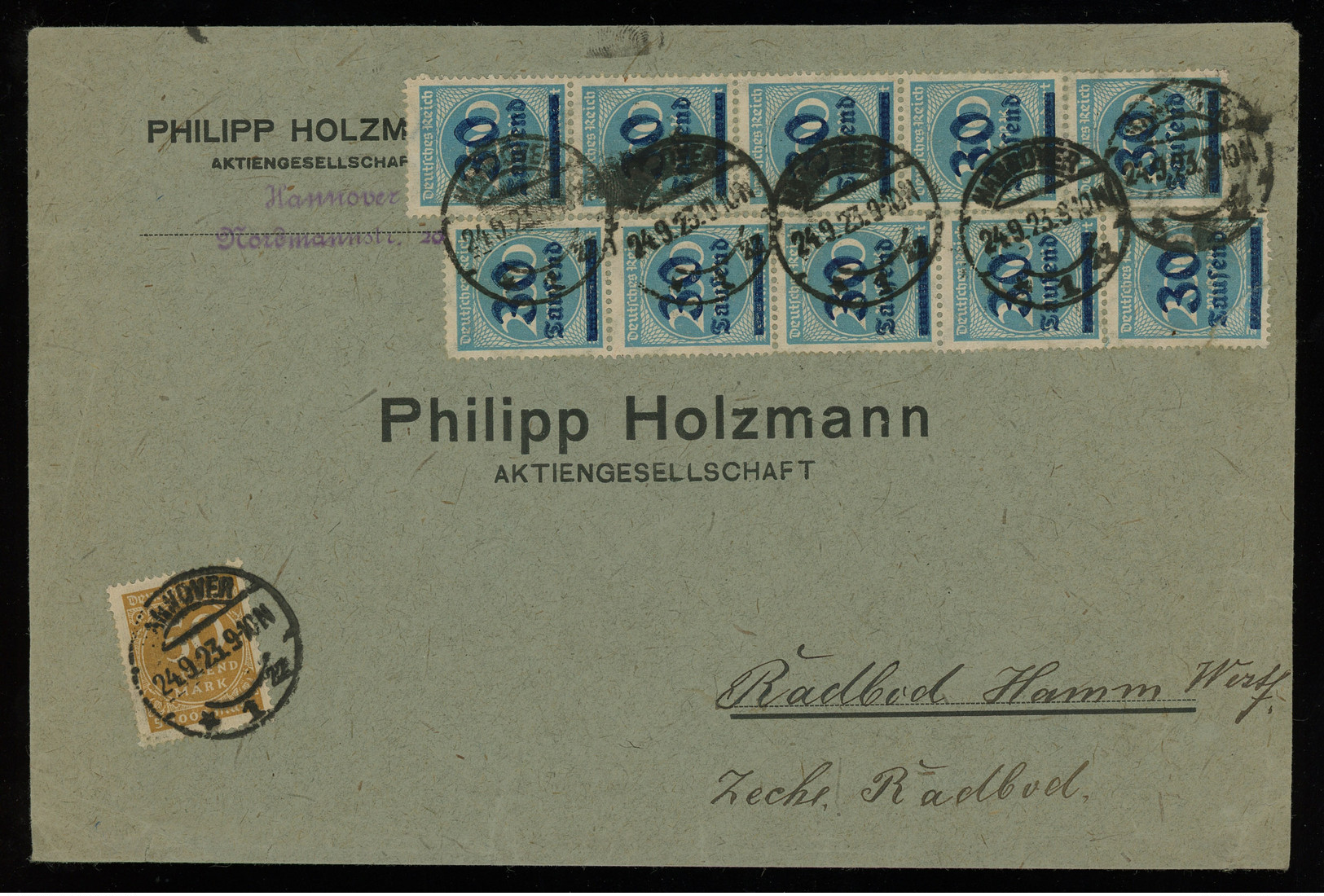 TREASURE HUNT [00391] Germany 1923 Infla Cover From Hanover With 50 Tsd. M And  2 Strips Of 5 Of 30 Tsd. M On 200 M - Andere & Zonder Classificatie