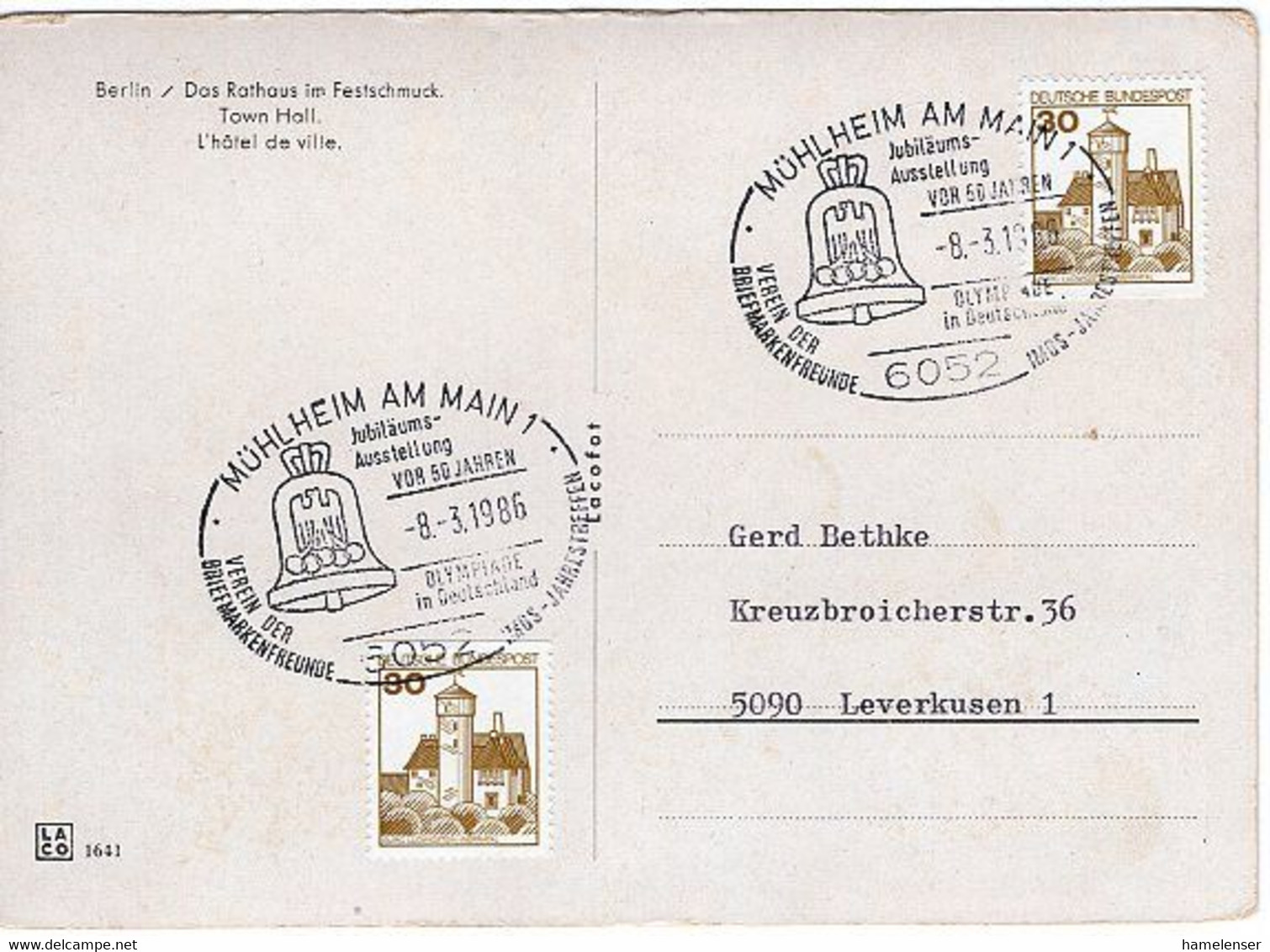 49183 - Bund - 1986 - 50 Jahre Sommerolympiade Berlin 1936 - SoStpl. A. Original-Ans.-Kte. MUEHLHEIM -> Leverkusen - Verano 1936: Berlin