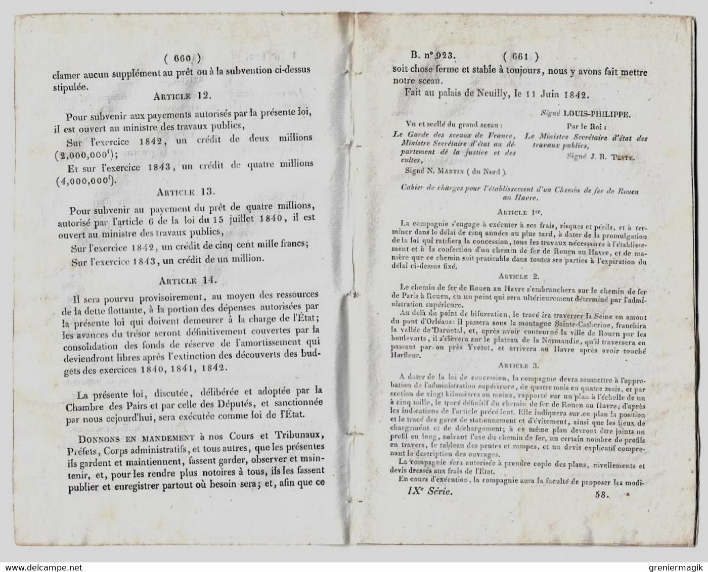 Bulletin Des Lois 923 1842 Prolongement Jusqu'au Havre Du Chemin De Fer De Paris à Rouen (Charles Laffitte Et Compagnie) - Décrets & Lois