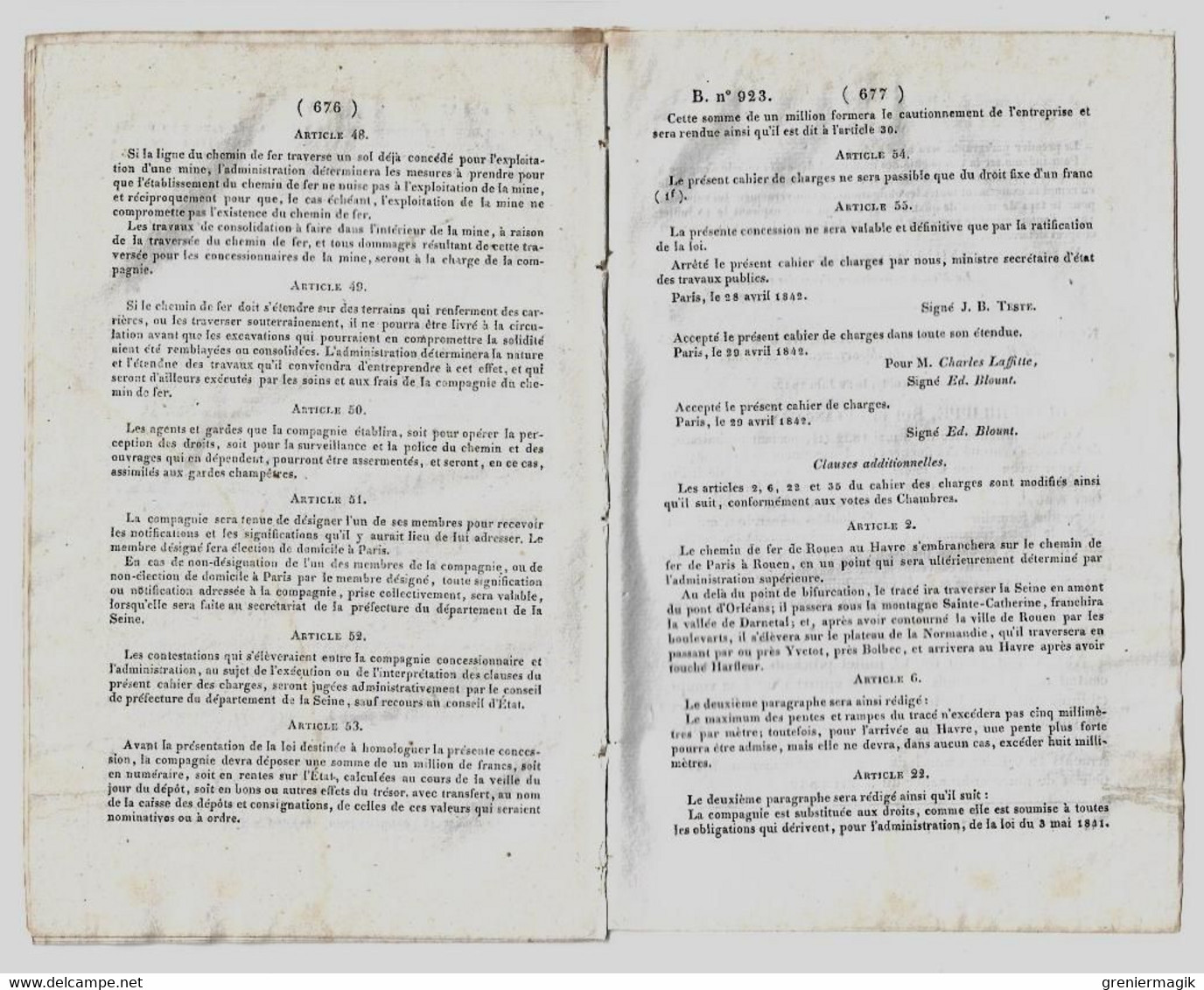 Bulletin des Lois 923 1842 Prolongement jusqu'au Havre du chemin de fer de Paris à Rouen (Charles Laffitte et compagnie)