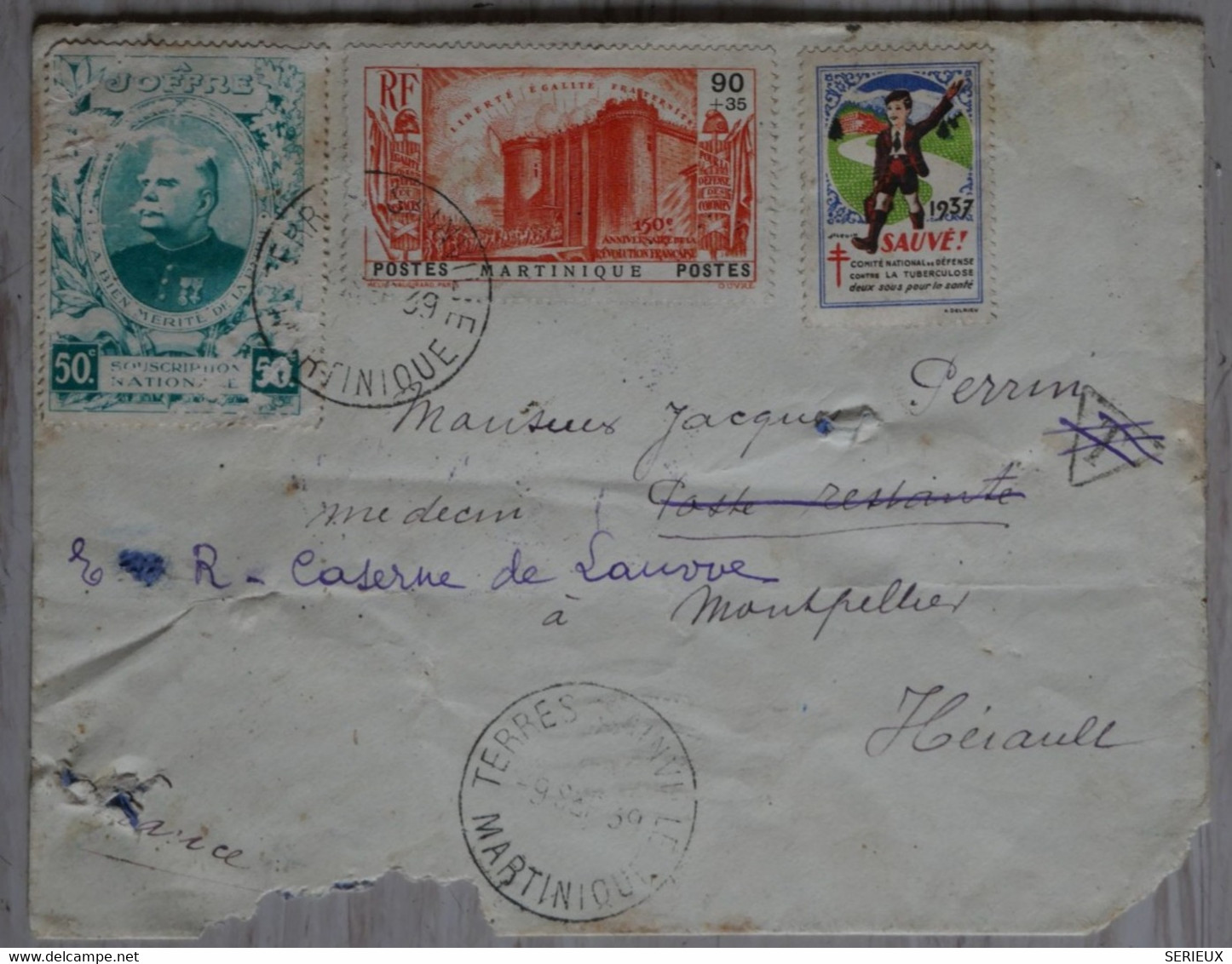 ¤5  MARTINIQUE  BELLE LETTRE  1939   BASSE POUR MONTPELLIER FRANCE+ VIGNETTES +AFFRANCH. INTERESSANT - Briefe U. Dokumente