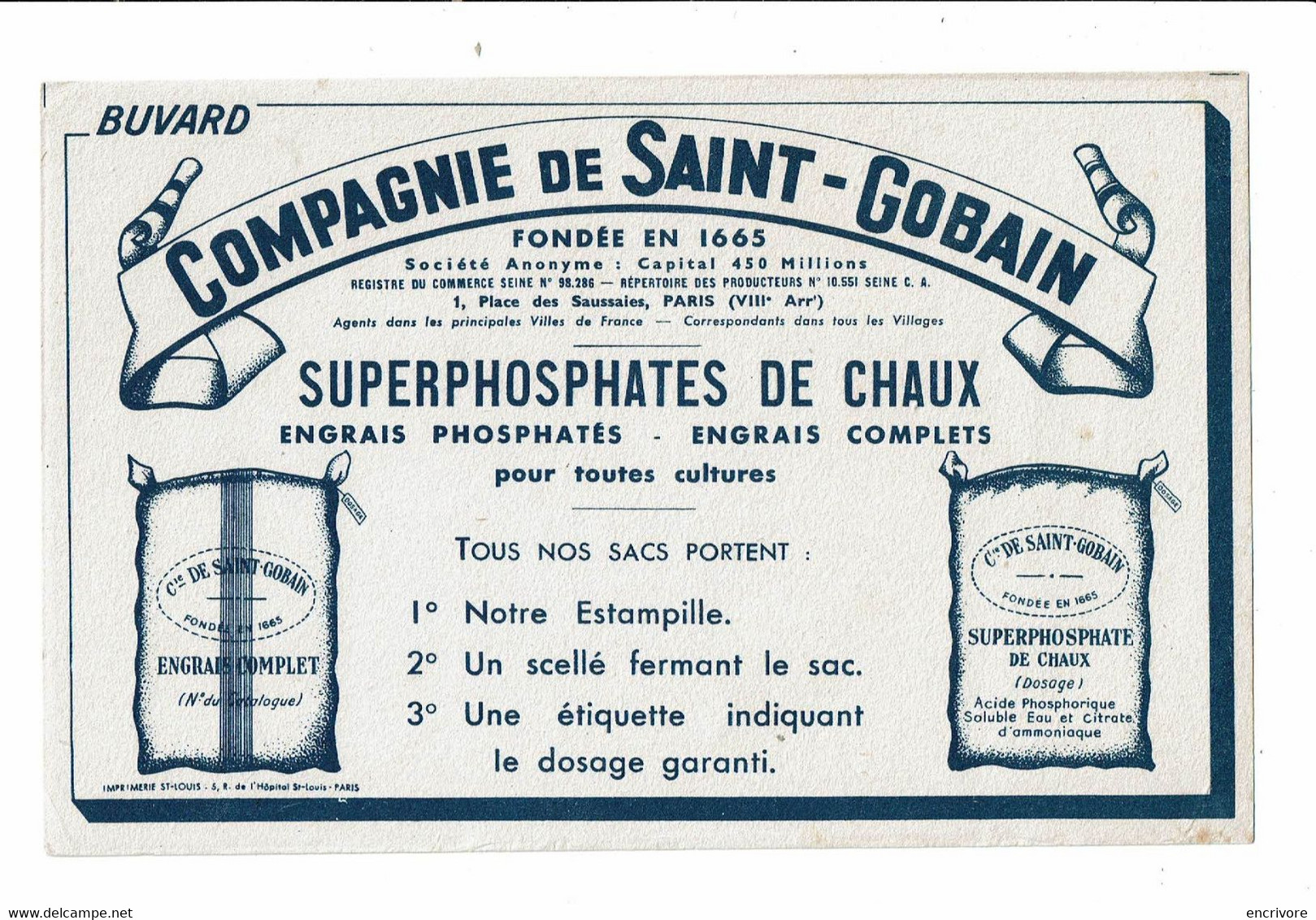 Buvard Compagnie De SAINT GOBAIN Superphosphates De Chaux Engrais - Agricultura