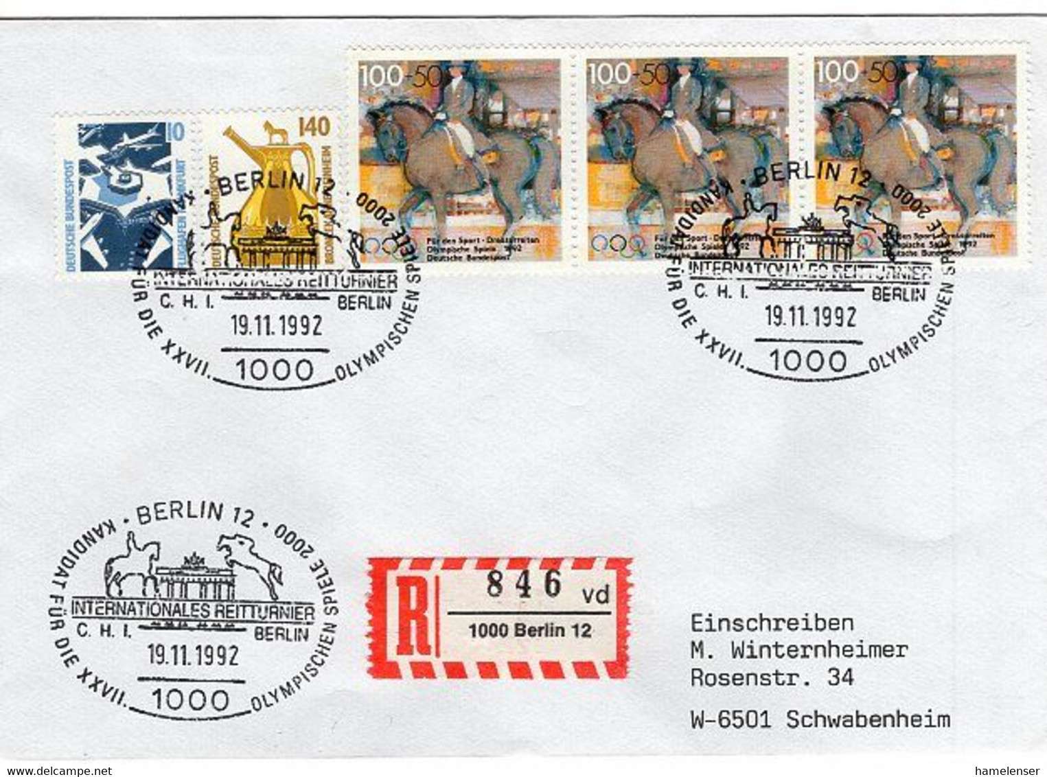 49273 - Bund - 1992 - 3@100Pfg. Dressurreiten '92 A. R-Bf. M. SoStpl. BERLIN - INT. REITTURNIER -> Schwabenheim - Other & Unclassified