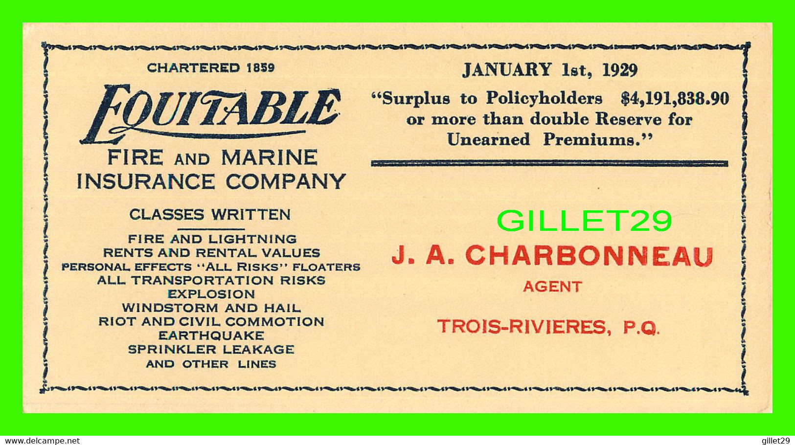 BUVARD - ASSURANCE EQUITABLE FIRE AND MARINE INSURANCE CO - JANUARY, 1929 - J. A. CHARBONNEAU, AGENT, TROIS-RIVIÈRES - - A