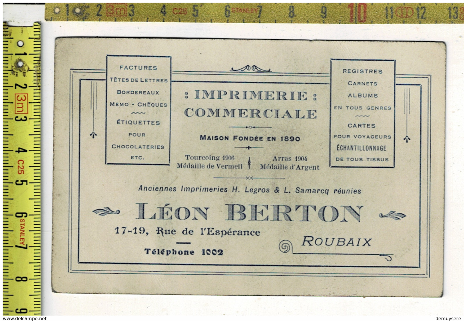 KL 1764 - IMPTRIMERIE COMMERCIALE - LEON BERTON  ROUBAIX - TEL.: 1002 - Cartes De Visite