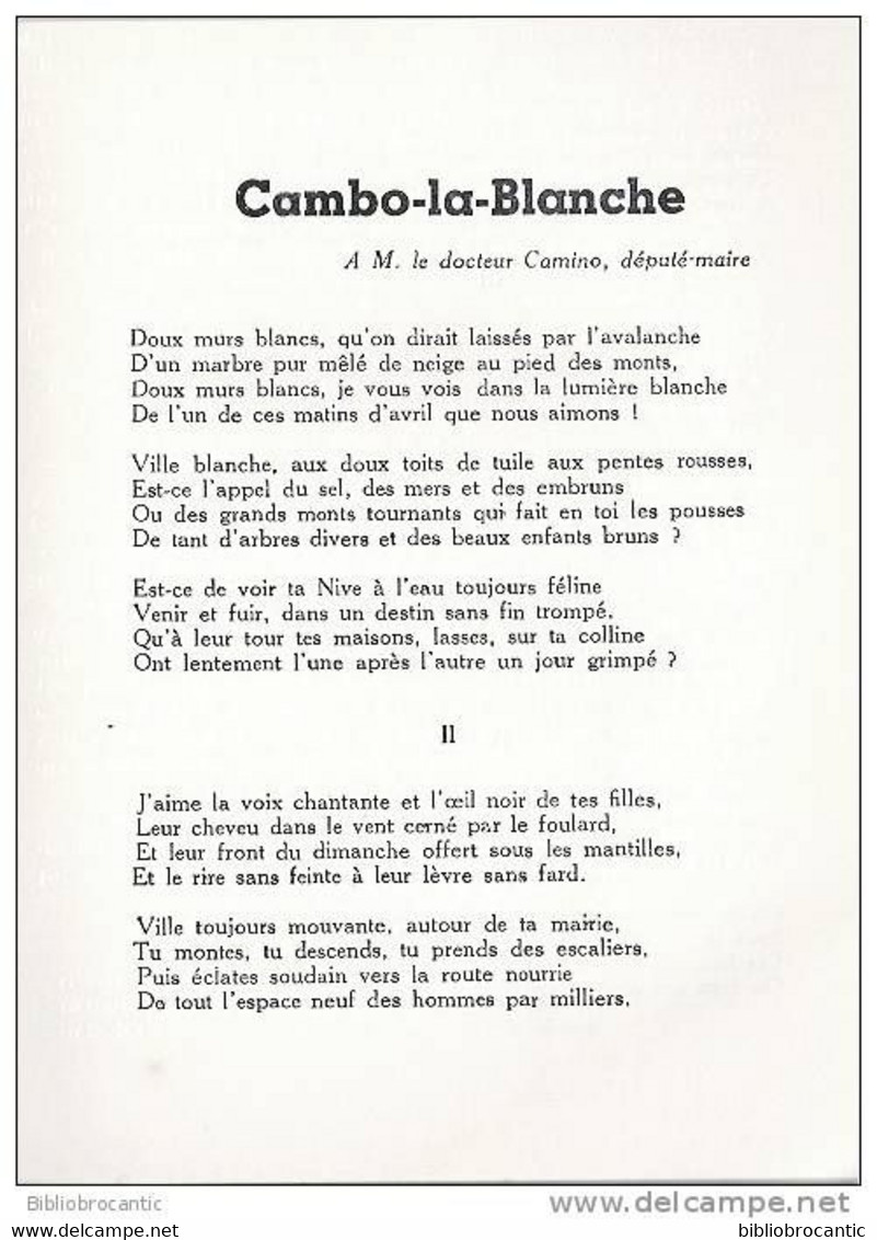 SEPT POEMES DE LA COTE BASQUE < CAMBO LA BLANCHE,LA NIVE,NUIT D'ARNAGA,L'ADOUR, COTE BASQUE//J.GAYET D'ANGERS - Pays Basque