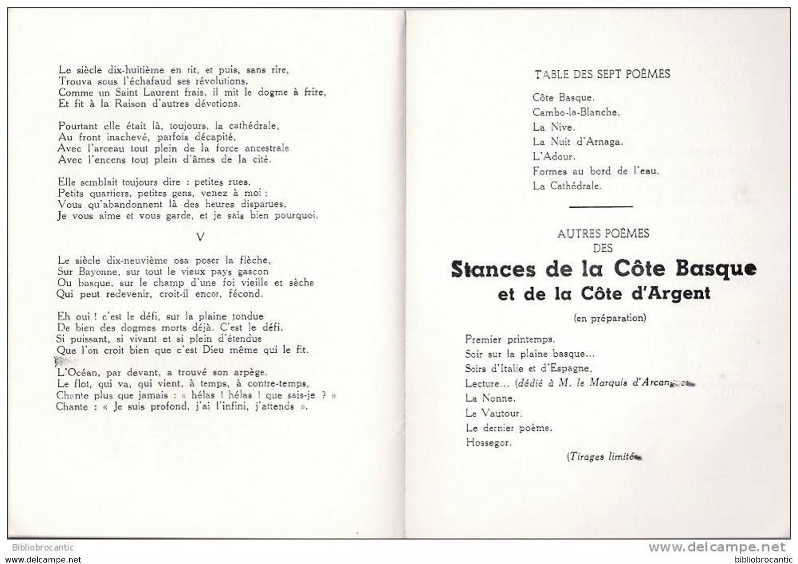 SEPT POEMES DE LA COTE BASQUE < CAMBO LA BLANCHE,LA NIVE,NUIT D'ARNAGA,L'ADOUR, COTE BASQUE//J.GAYET D'ANGERS - Baskenland