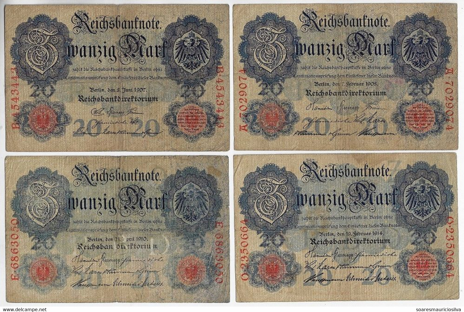 Banknote Germany 20 Mark 1907 1908 1910 1914 Pick-28 31 40b 46b Fine / VF (US$ 29.62) - 20 Mark