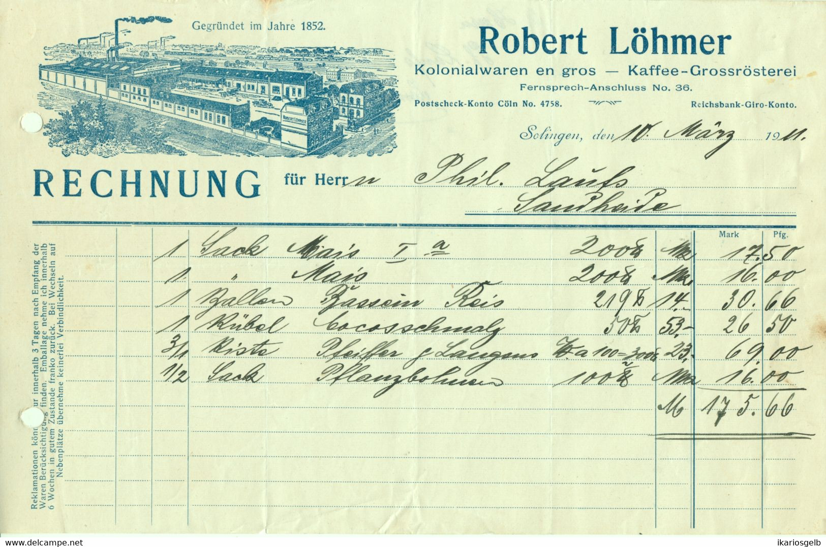 SOLINGEN Rechnung 1911 Deko " Robert Löhmer Kaffeegroßrösterei " - Alimentare