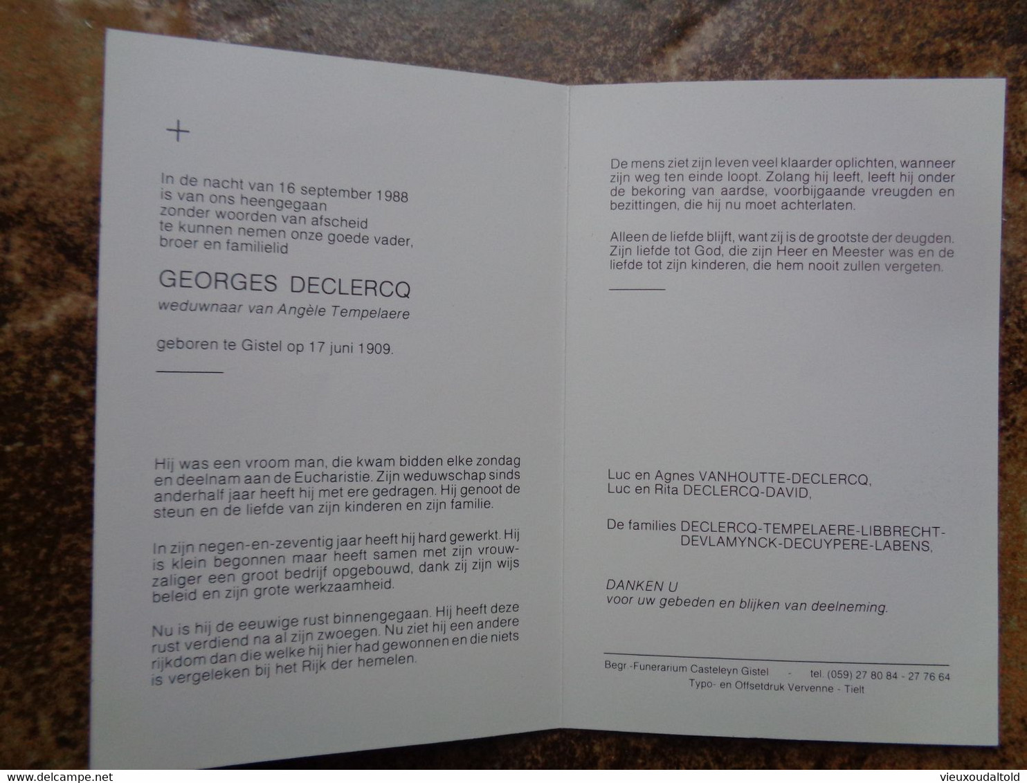 Doodsprentje/Bidprentje  GEORGES DECLERCQ  Gistel 1909-1988 (Wedr Angèle Tempelaere) - Religione & Esoterismo