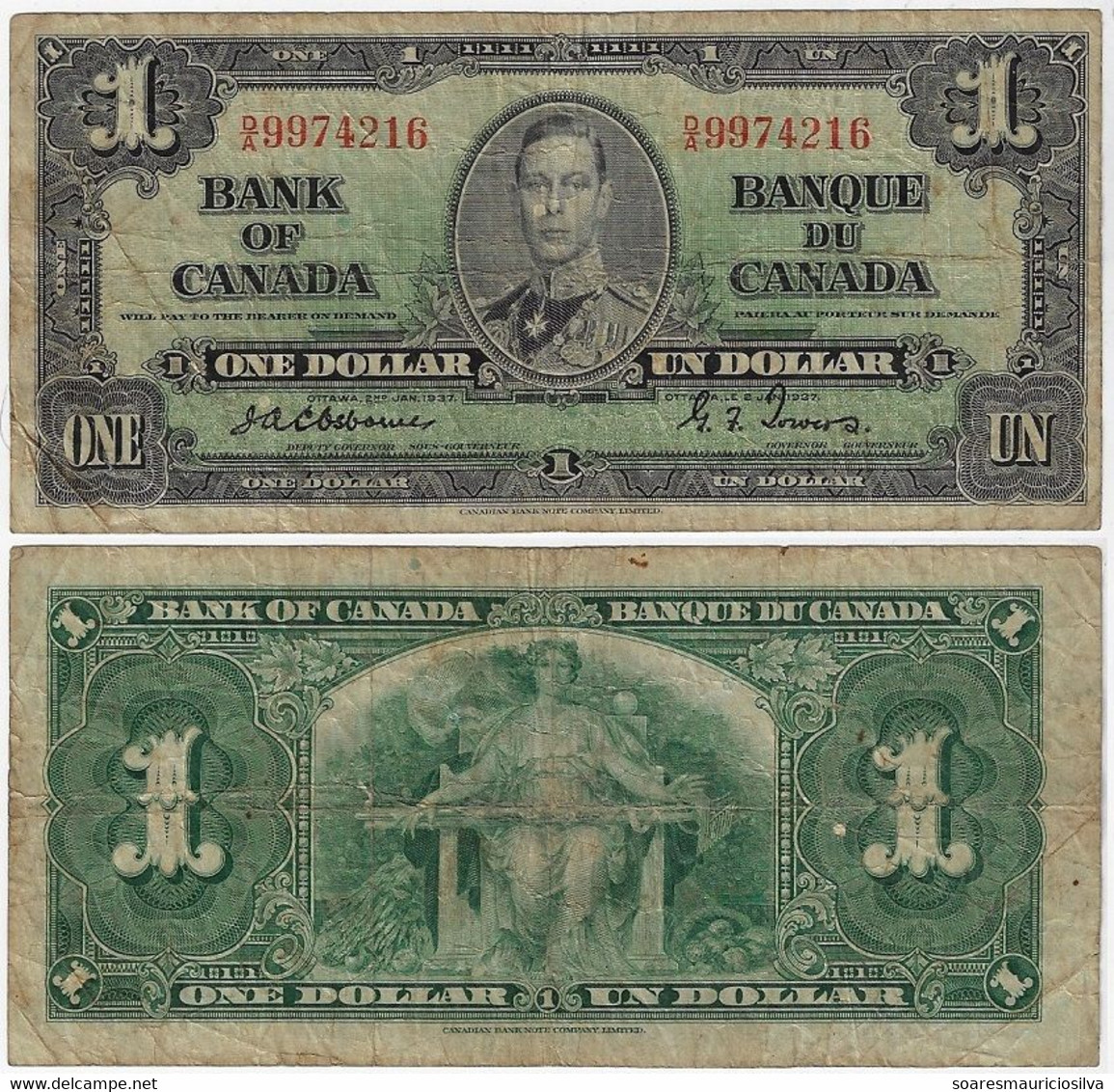Banknote Canada 1 Dollar 1937 Pick-58a VF- (US$ 25) - Canada