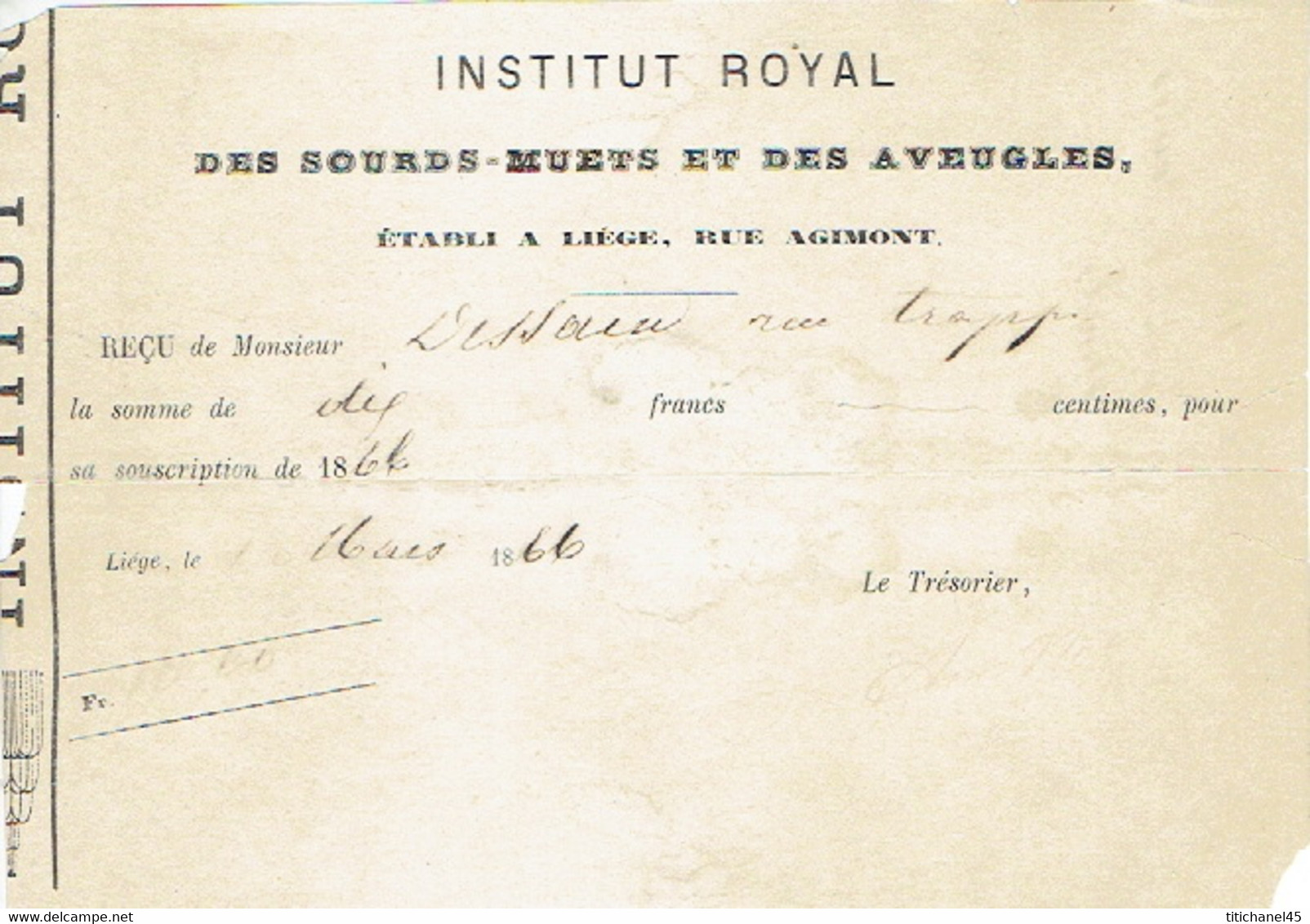 Reçu De 1866 INSTITUT ROYAL DES SOURDS-MUETS ET DES AVEUGLES à LIEGE Rue Agimont - 1800 – 1899