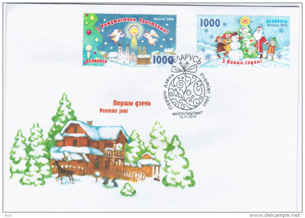 Belarus 2010 FDC Merry Christmas And Happy New Year, Santa Claus Snowman Deer Hare Rabbit Angels - Bielorussia
