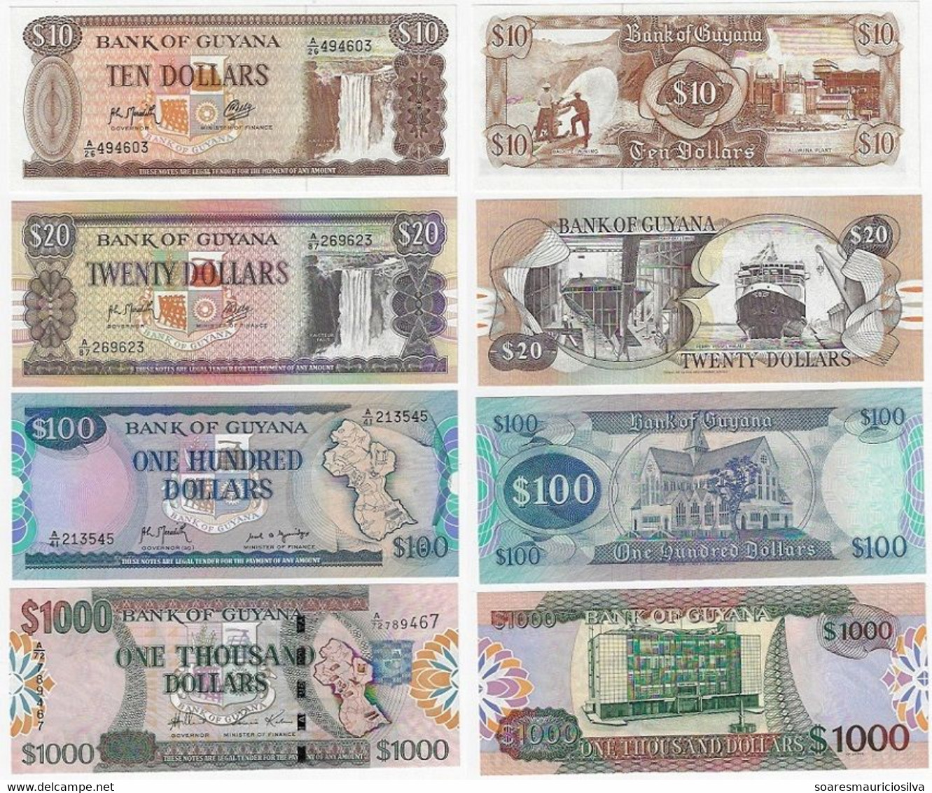 Banknote Guyana 10 20 100 And 1,000 Dollars Pick-23f 27 28 And 35 1989 / 2000 UNC (US$ 24.5) - Guyana