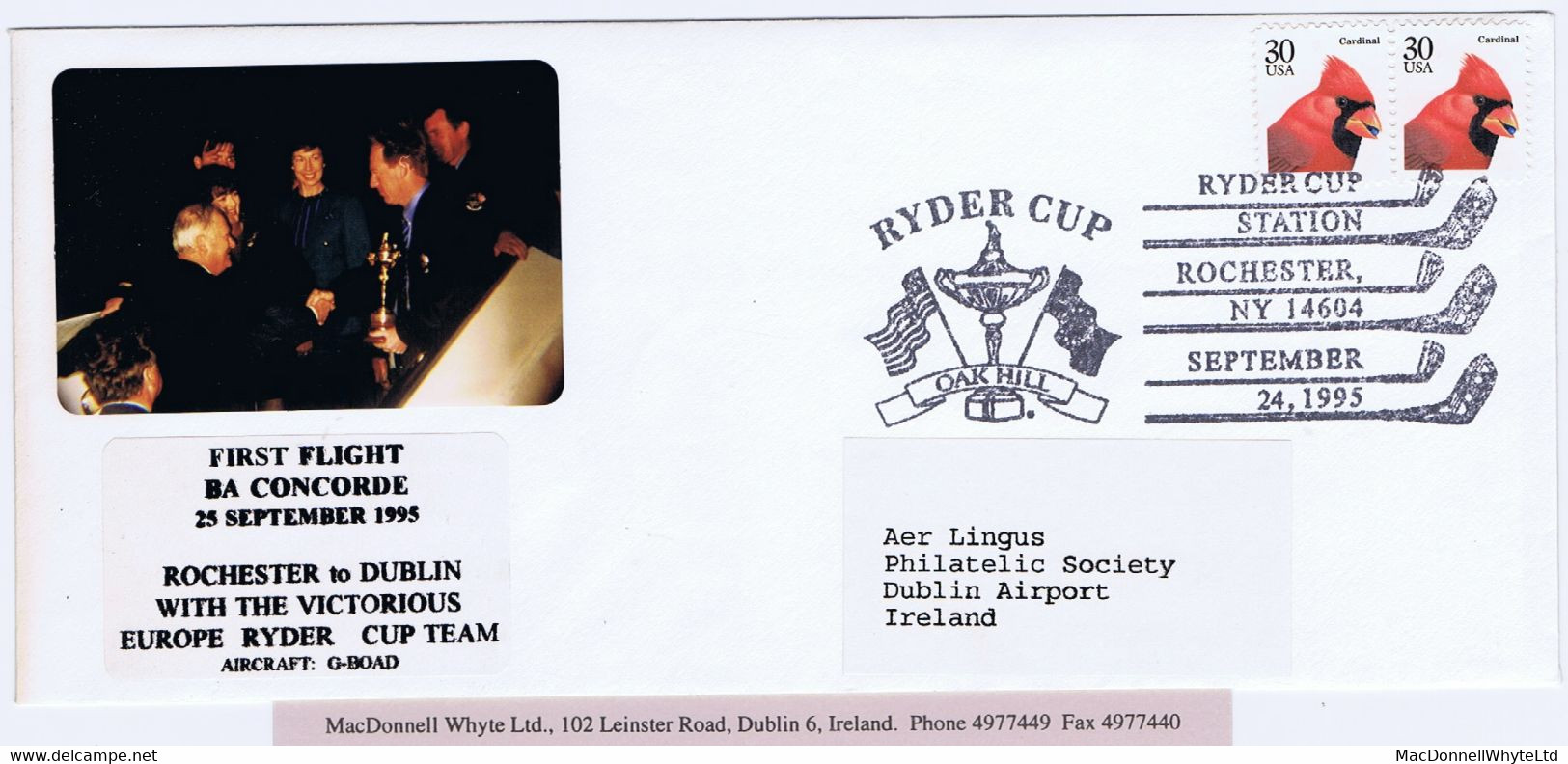 Ireland Concorde Golf 1995 Ryder Cup Winners Flight Cover Rochester-New York-Dublin British Airways G-BOAD - Airmail