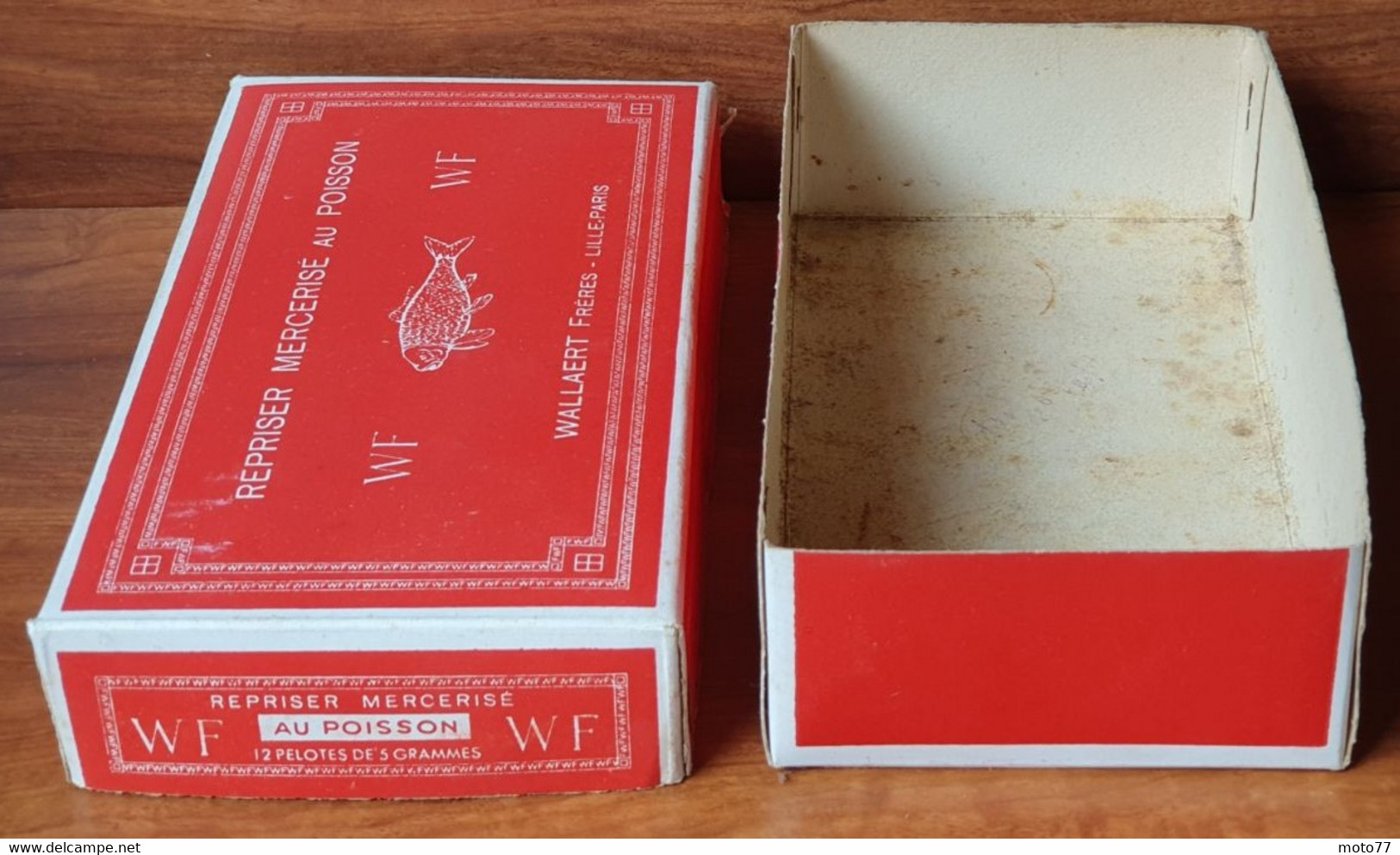 Ancienne boite carton - Publicité Mercerie WF au POISSON - Etiquette pelotes MARRON - Etiquette GOULET TURPIN vers 1950