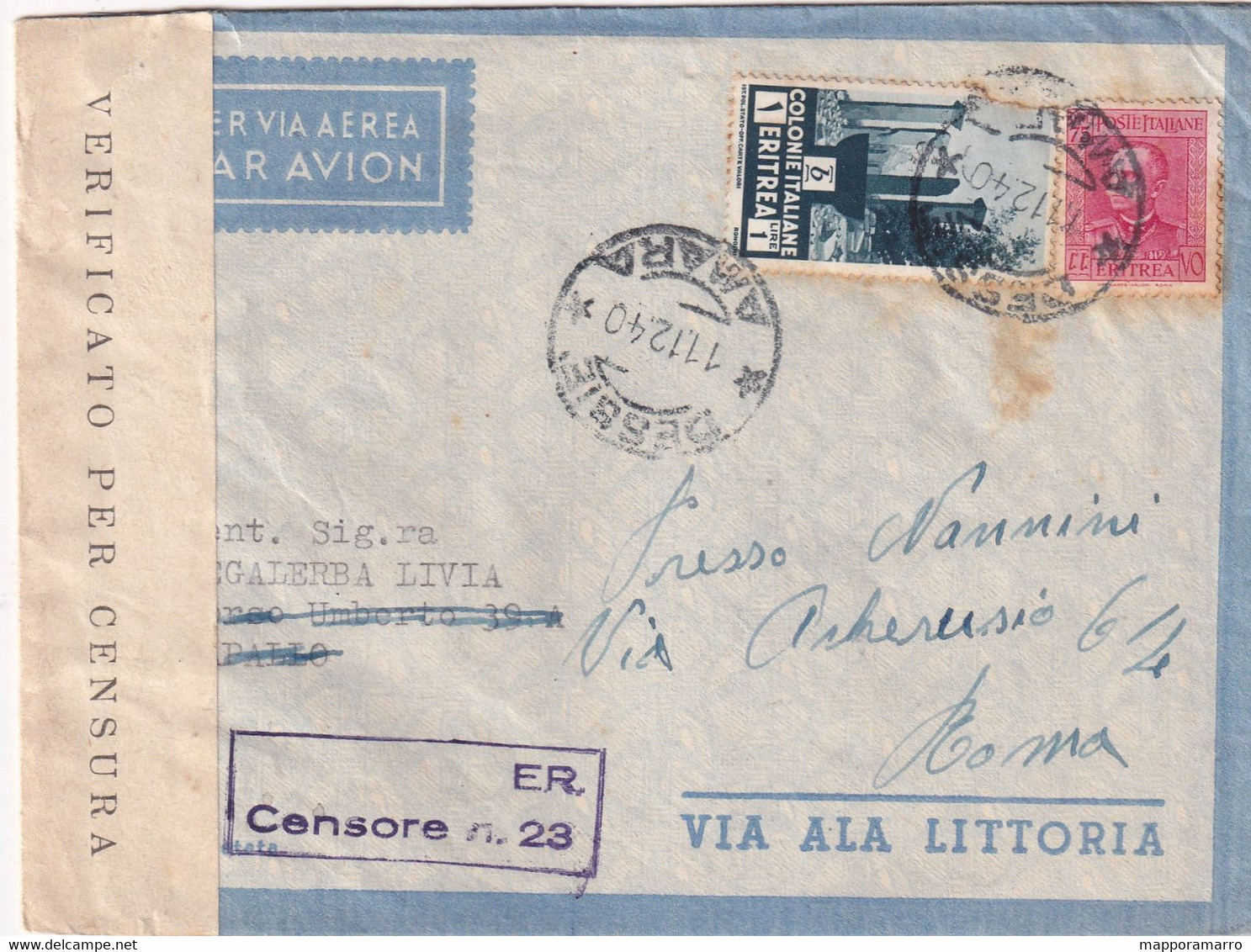 ETIOPIA - DESSIE -AMARA  -POSTA AEREA  PER ROMA  ( LETTERA PRESENTE IN BUSTA)- 1940 - CON VERIFICA  CENSURA - Etiopia