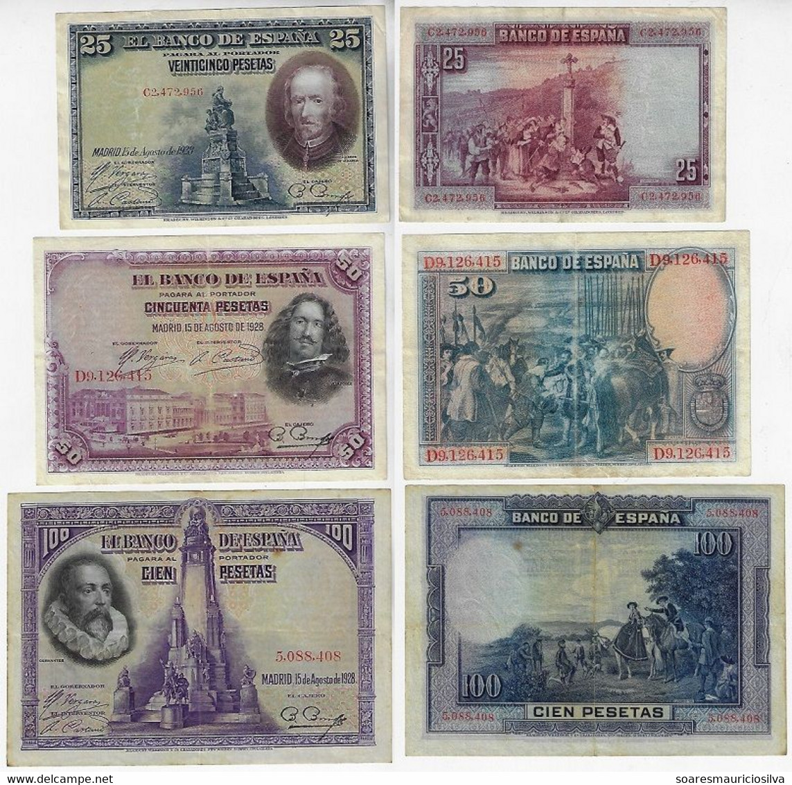 Banknote Spain 25 50 100 Pesetas 1928 Pick-74 VF+ Pick-75c VF With Small Cut Pick-76b VF+ - Andere & Zonder Classificatie