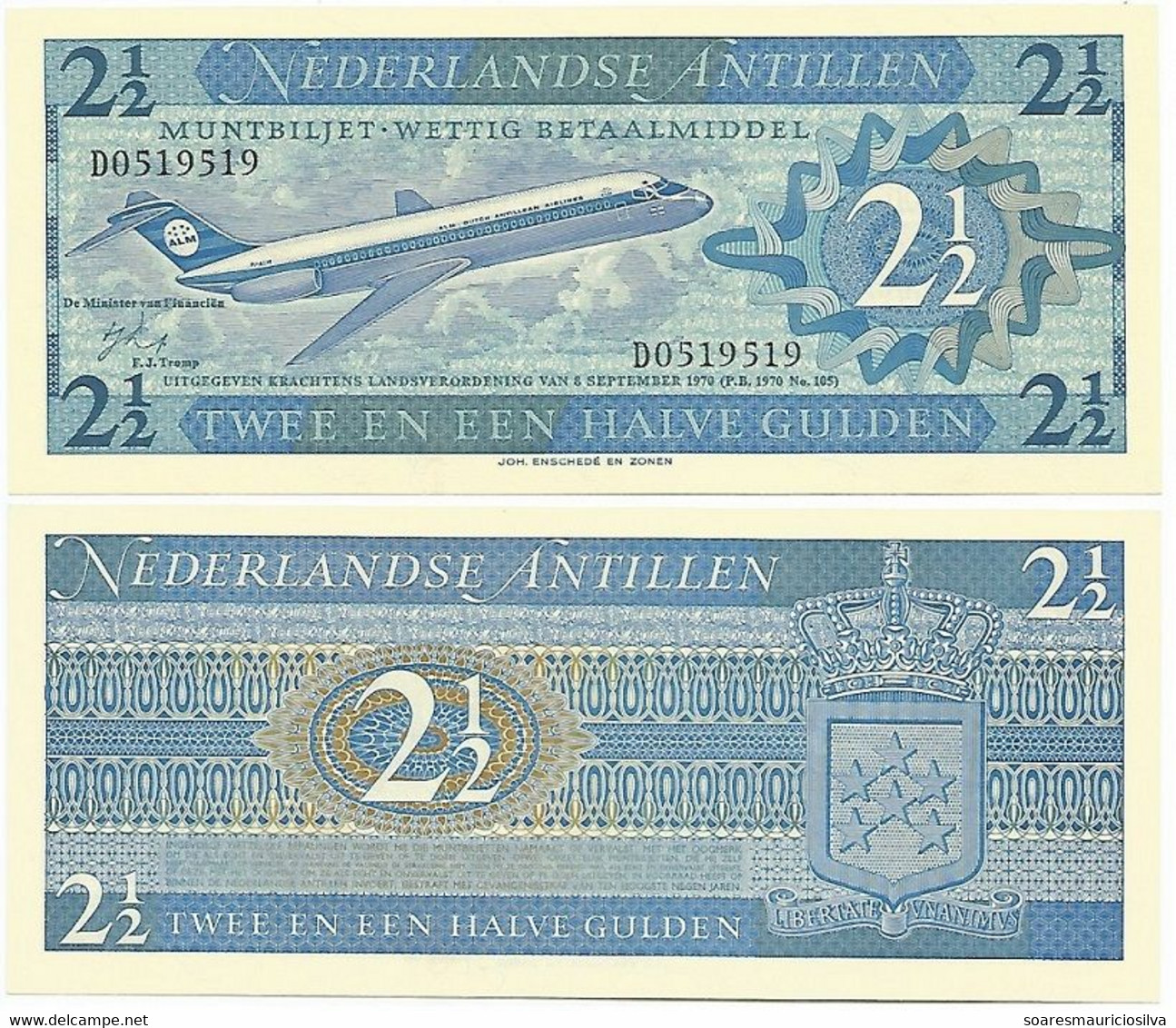 Banknote Netherlands Antilles 2½ Gulden 1970 Pick-21A Airplane UNC (US$ 17.5) - Otros – América