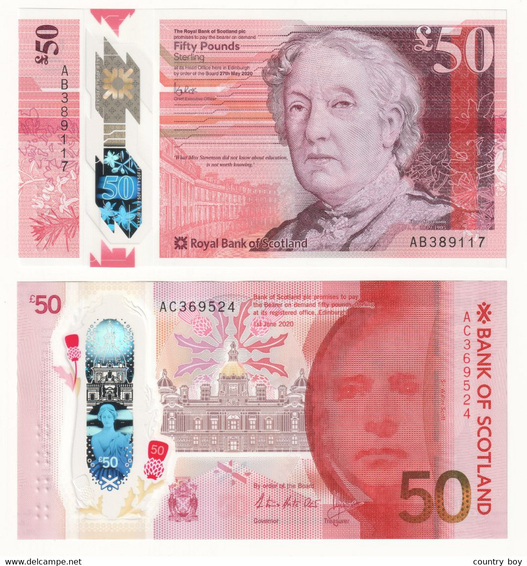 2 Different Scotland £50 Pounds 2020/2021 Royal Bank Of Scotland & Bank Of Scotland ( 2 Notes ) Polymer  New UNC - 50 Pounds