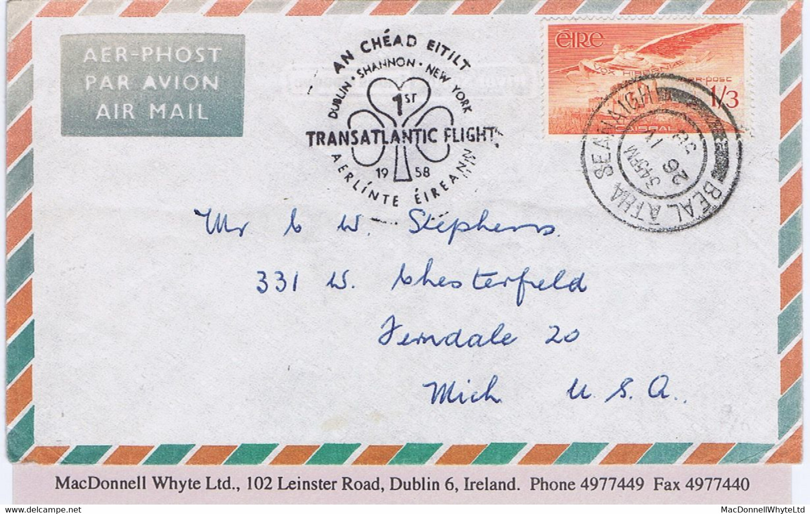 Ireland Donegal Transatlantic Airmail 1958 Cover Ballyshannon To Michigan Cachet Of Aerlinte Eireann SHANNON-NEW YORK - Airmail