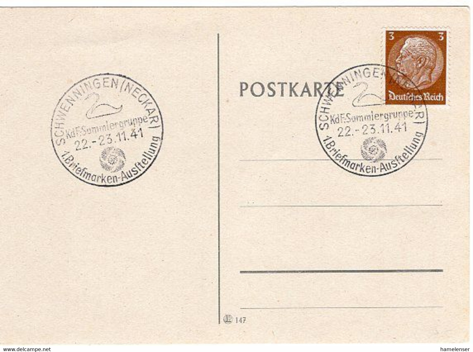 49274 - Deutsches Reich - 1941 - 3Pfg. Hindenburg A Blanko-Kte. M. SoStpl. SCHWENNINGEN - 1.BRIEFMARKENAUSSTELLUNG - Zwanen