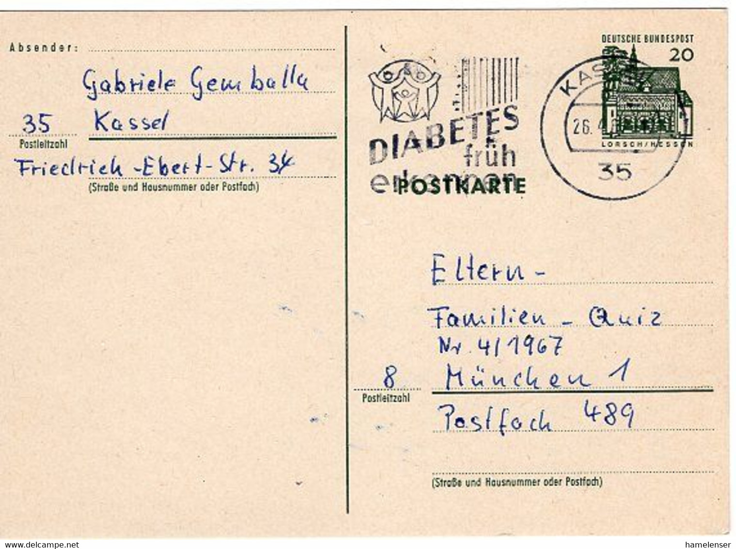 49291 - Bund - 1967 - 20Pfg. Kleine Bauten GA-Kte. M. Masch.Stpl. KASSEL - DIABETES FRUEH ERKENNEN -> Muenchen - Ziekte