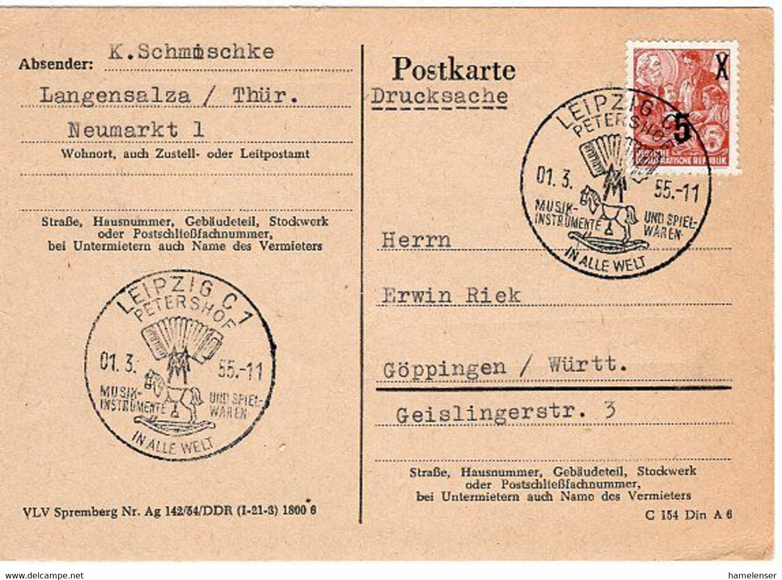 49301 - DDR - 1955 - 5Pfg. Aufdruck EF A. Kte. LEIPZIG PETERSHOF - MUSIKINSTRUMENTE ... -> Westdeutschland - Music