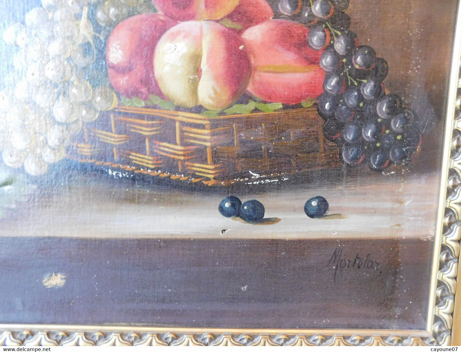 MORTELAZ (XIX-XXème) huile sur toile grand format nature morte aux raisins pêches et bouquet fleuri