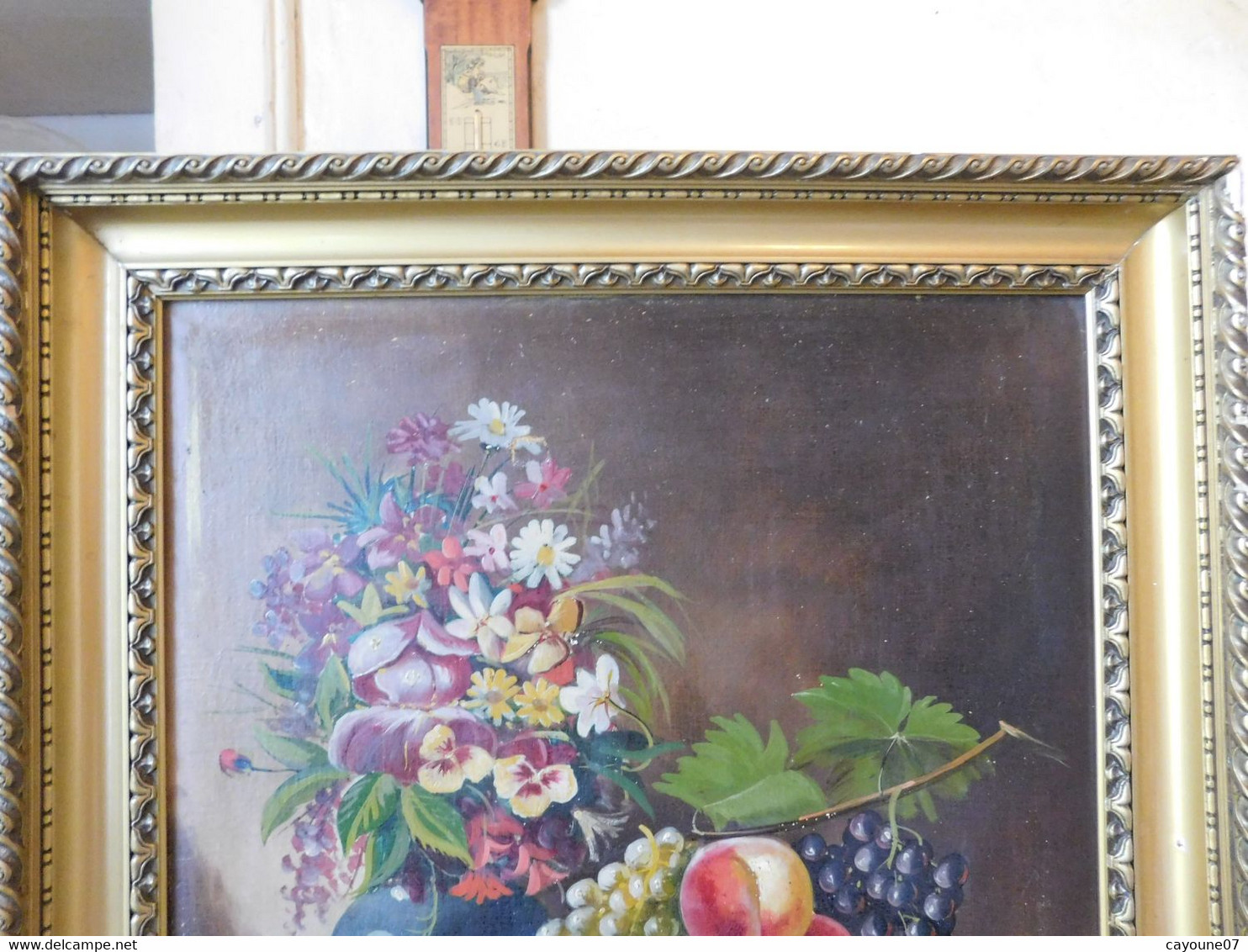 MORTELAZ (XIX-XXème) huile sur toile grand format nature morte aux raisins pêches et bouquet fleuri