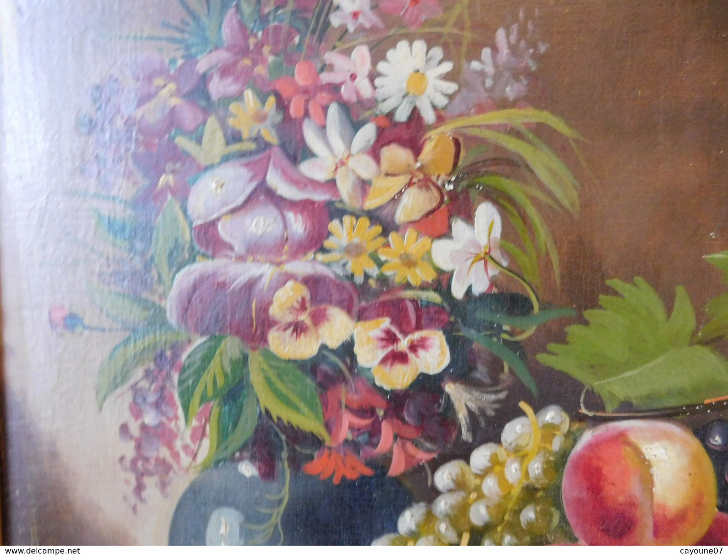 MORTELAZ (XIX-XXème) huile sur toile grand format nature morte aux raisins pêches et bouquet fleuri