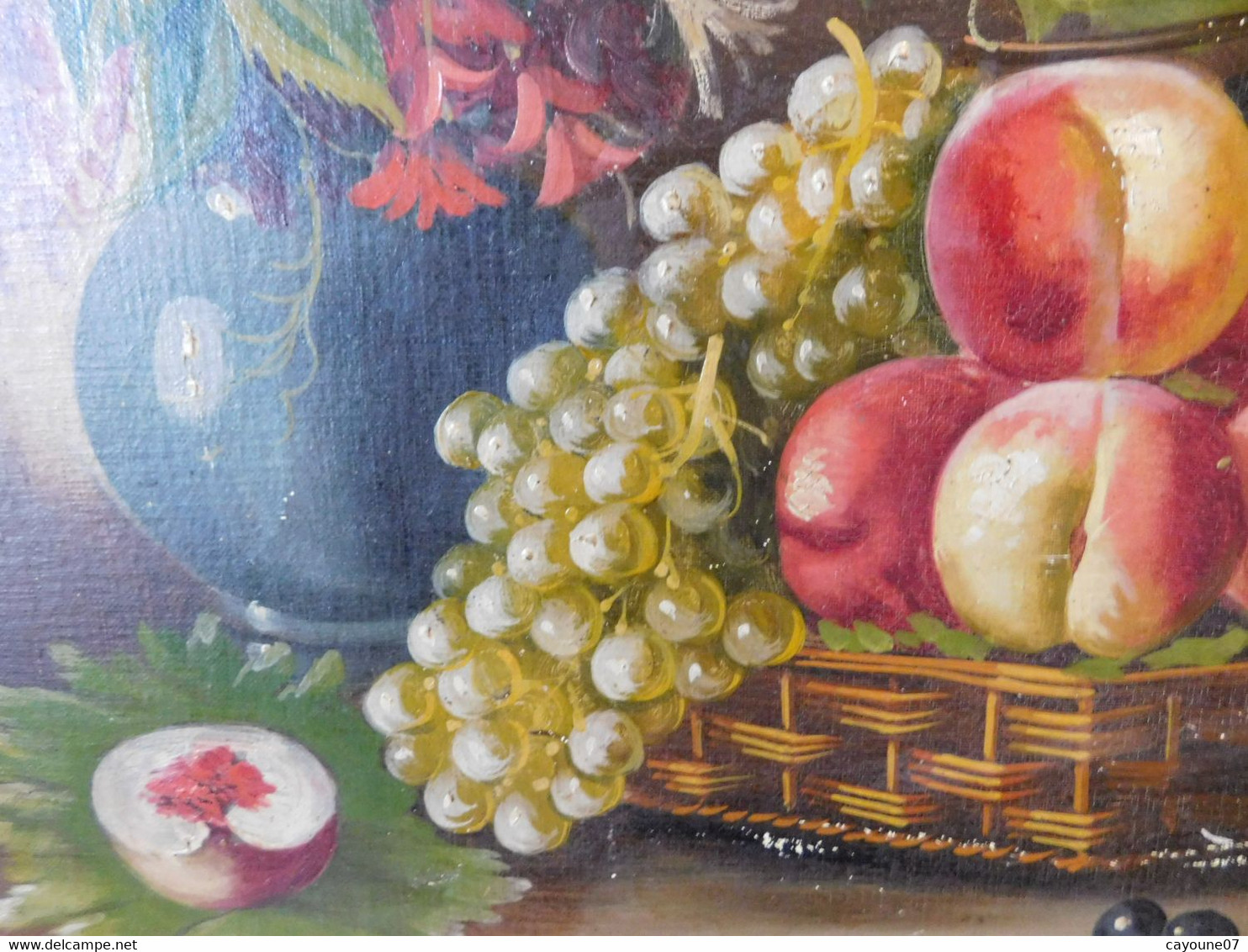 MORTELAZ (XIX-XXème) huile sur toile grand format nature morte aux raisins pêches et bouquet fleuri