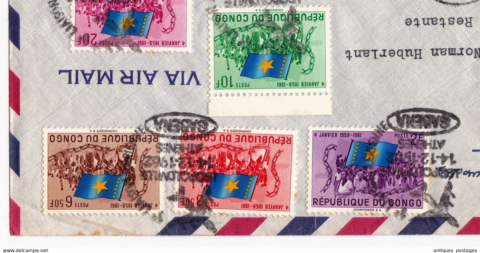 Lettre Léopoldville 1962 République Du Congo Athènes Grèce Vol Inaugural Léopoldville Athènes Bruxelles SABENA Aviation - Storia Postale