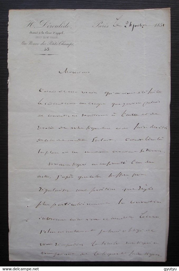 1851 Lettre Manuscrite De H Déroulède, Avoué, Père De Paul Déroulède Poète Romancier Fondateur De La Ligue Des Patriotes - Manuscripten