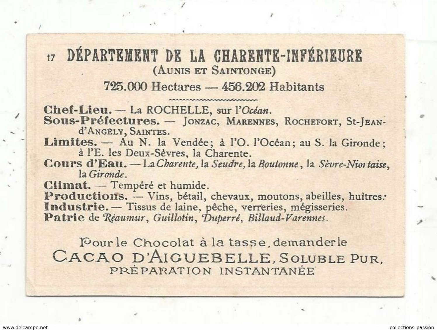 Chromo , Cacao D'Aiguebelle , Département De La CHARENTE INFERIEURE ,17, 2 Scans - Aiguebelle