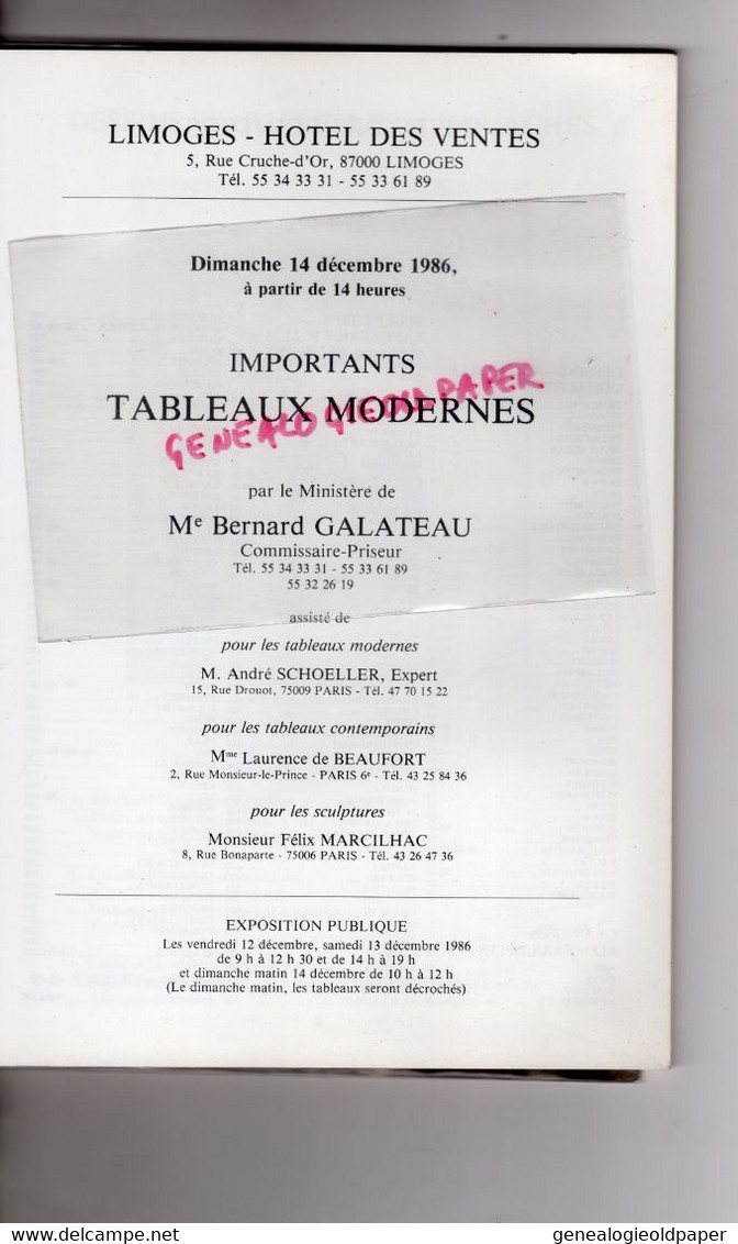 87-LIMOGES- HOTEL VENTES 14 -12-1986-BERNARD GALATEAU-FOUJITA-CHAGALL-DUFY-DIGNIMONT-GROMAIRE-LEBASQUE-MAILLOL-PAGUENAUD - Limousin