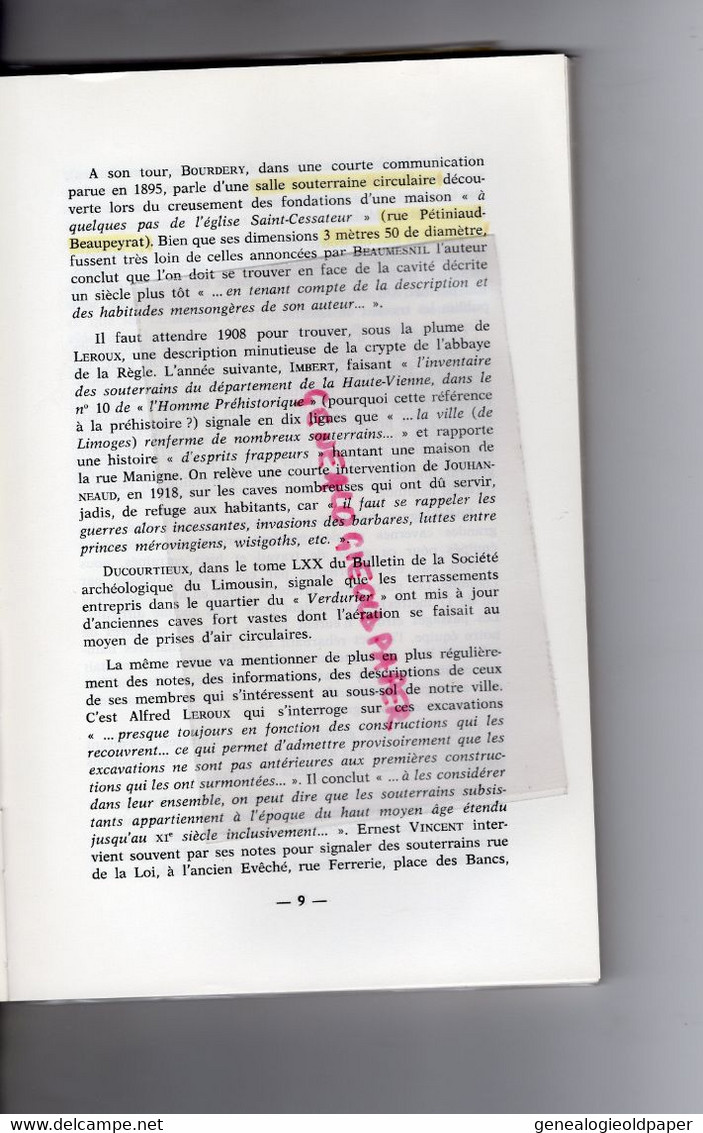 87-LIMOGES- MYSTERIEUX SOUTERRAIN- PIERRE SAUMANDE- SACLAY- CHU DUPUYTREN-SPELEOLOGIE-PUY LAS RODAS -LA REGLE-DUBOUCHE- - Limousin