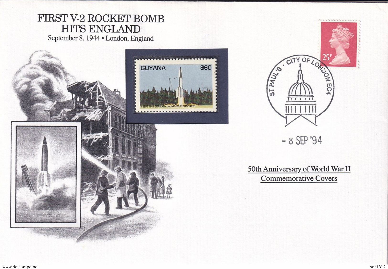 Great Britain WWII 1994 FDC Space 50th Anniversary Cover First V-2 Rocket Guyana - 1991-2000 Dezimalausgaben