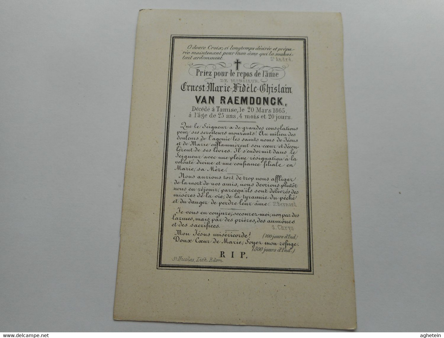 D.P.-LITH EDOM-ERNEST-M.F.GH.VAN RAEMDONCK +TAMISE 20-3-1865-25 ANS - Religion &  Esoterik