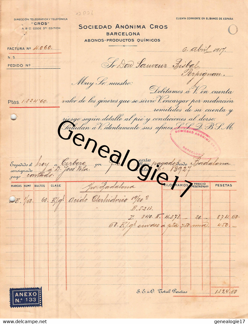 96 2924 ESPAGNE SPAIN BARCELONA 1917 SOCIEDAD ANONIMA CROS Abonos Productos Quimicos - España